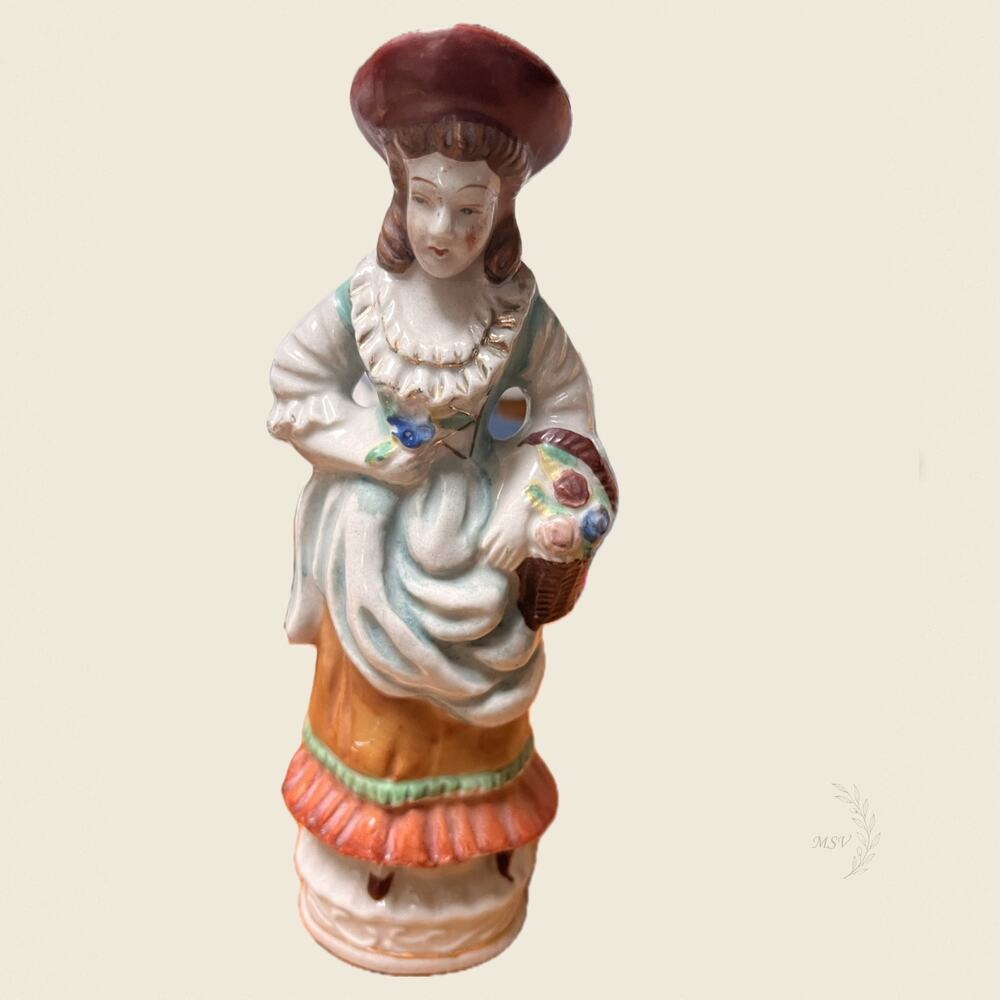 Vintage Ceramic Woman with Flower Basket Figurine 10 Inch
